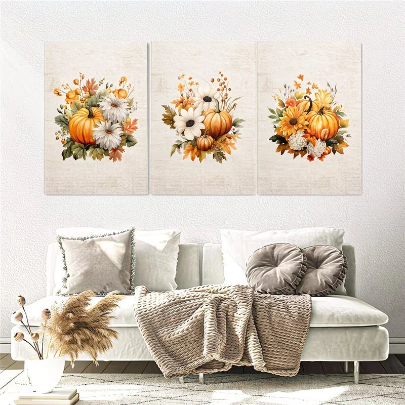 3pcs Rustic Pumpkin Watercolor Wall Art Set Canvas Framed 50x70cm - High Quality Print 100% Australian Made Wall Canvas Ready to Hang - Bella Home Decor