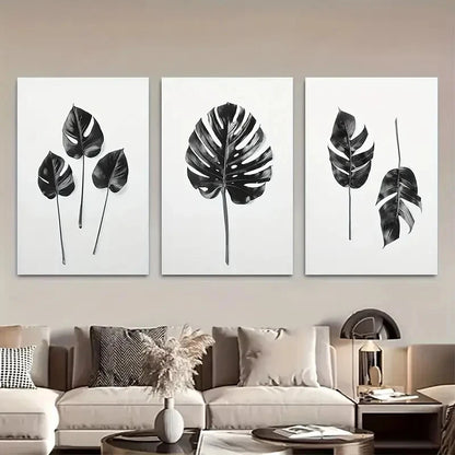 3pcs Tropical Palm Leaf Black & White Monstera Metal Print Ready to Hang Art - Bella Home Decor