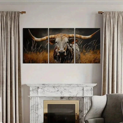 3pcs Texas Longhorn Bull Artwork Wall Art Set Canvas Framed 40x60cm - High Quality Print 100% Australian Made Wall Canvas Ready to Hang