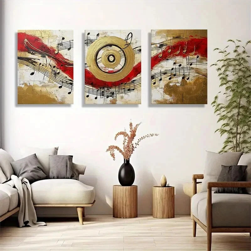 3pcs Modern Abstract Music Red & Golden Swirl Metal Print Ready to Hang Art - Bella Home Decor