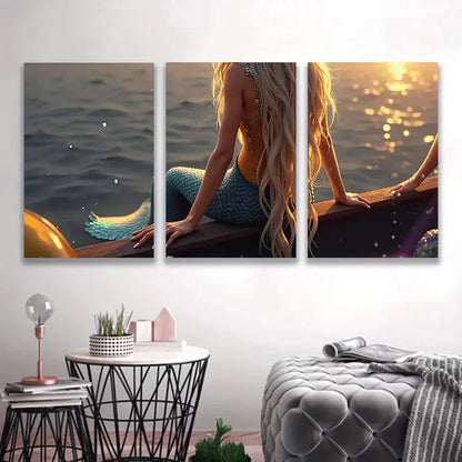 3pcs Ocean Sunset Mermaid Sitting on a Rock   Wall Art Set Canvas Framed 60x90cm - High Quality Print 100% Australian Made Wall Canvas Ready to Hang