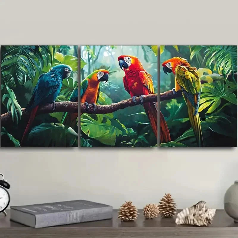 3pcs Colorful Macaws Perched in Tropical Jungle Wall Art Set Canvas Framed 60x90cm - High Quality Print 100% Australian Made Wall Canvas Ready to Hang - Bella Home Decor