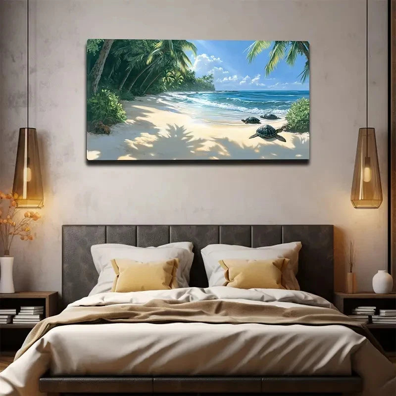 Beach Scene with Palm Trees Wall Art canvas office home room framed 120x60cm - Bella Home Decor