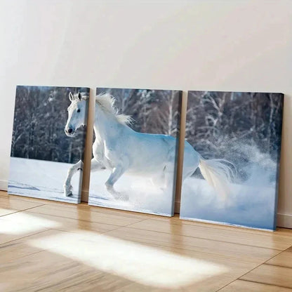 3pcs Elegant White Horse in Snowy Landscape Wall Art Set Canvas Framed 40x60cm - High Quality Print 100% Australian Made Wall Canvas Ready to Hang - Bella Home Decor