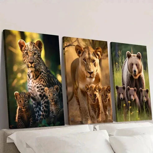 3pcs Leopard Lioness & Cubs Grizzly Bear Family Wall Art Canvas Unframed – High Quality Print 100% Australian Made Wall Canvas