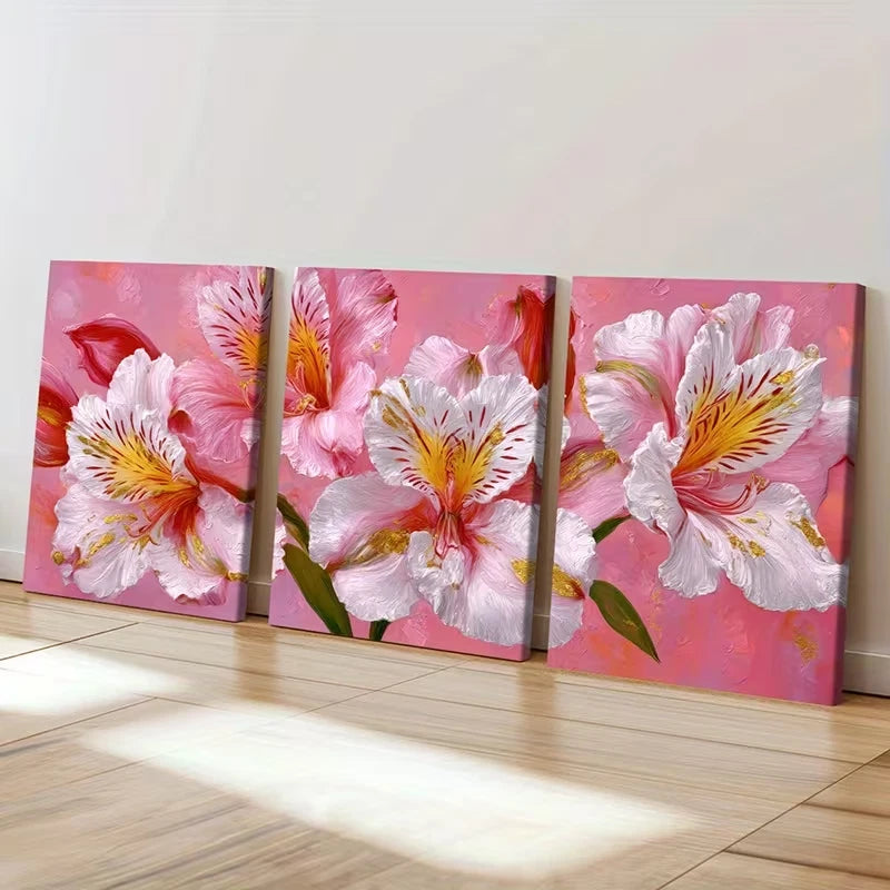 3pcs Lily of the Incas Pink White Flower  Wall Art Set Canvas Framed 50x70cm - High Quality Print 100% Australian Made Wall Canvas Ready to Hang