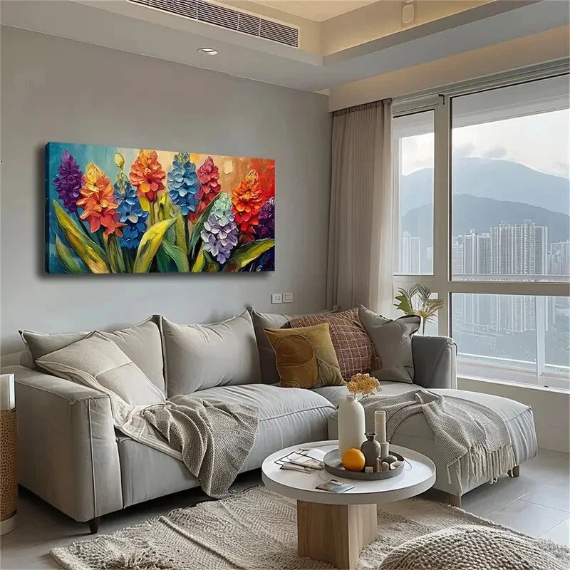 Vibrant Tulips Blue Purple Wall Art Canvas Office Home Room Framed 120x60cm - Bella Home Decor