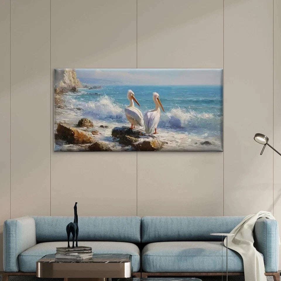 White Pelicans by Ocean Cliff WaWall Art Canvas Office Home Room Framed 120x60cm