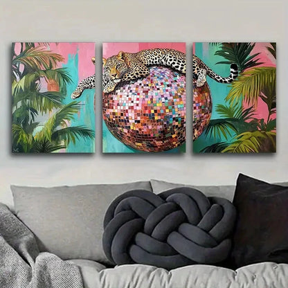 3pcs Leopard on a Disco Ball Painting Metal Print Ready to Hang Art