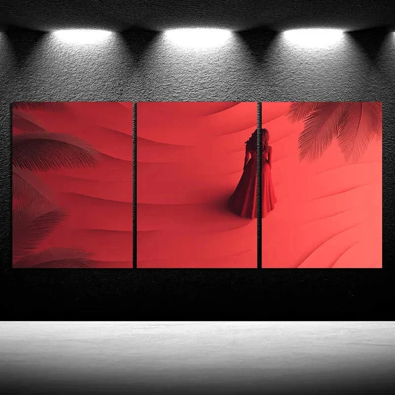 3pcs Coconut Trees and Silhouette Woman Beach Metal Print Ready to Hang Art - Bella Home Decor
