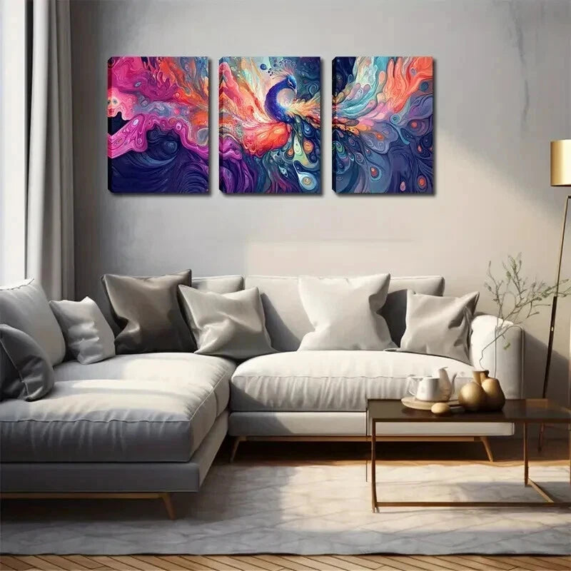 3pcs Vibrant Watercolor Peacock Feather Perfect Wall Art Set Canvas Framed 50x70cm - High Quality Print 100% Australian Made Wall Canvas Ready to Hang - Bella Home Decor