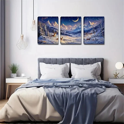 3pcs Snow-Capped Mountains & Starry Night Wall Art Set Canvas Framed 40x60cm - High Quality Print 100% Australian Made Wall Canvas Ready to Hang
