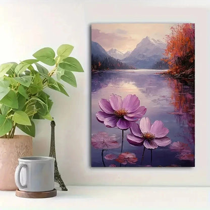 Purple Flower Lake Reflection Painting 40x60cm Metal Print Ready to Hang