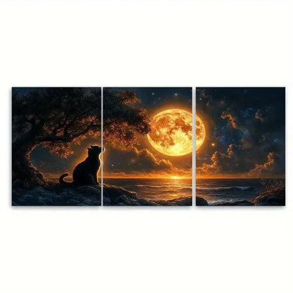 3pcs Feline Silhouette Moonlit Tree  Wall Art Set Canvas Framed 40x60cm - High Quality Print 100% Australian Made Wall Canvas Ready to Hang