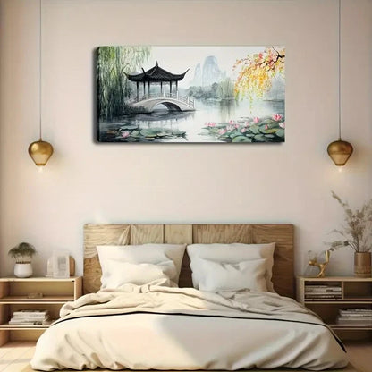 Serene Pavilion Stone Bridge Wall Art Canvas Office Home Room Framed 120x60cm - Bella Home Decor