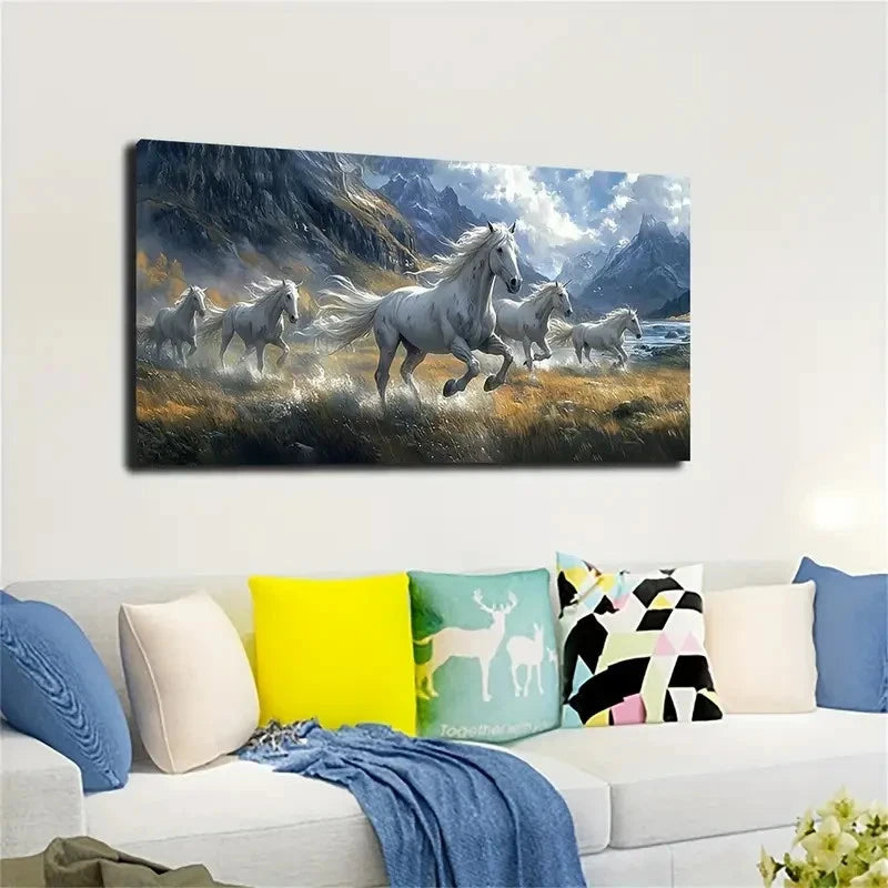 Majestic White Horses Wall Art canvas office home room framed 120x60cm - Bella Home Decor