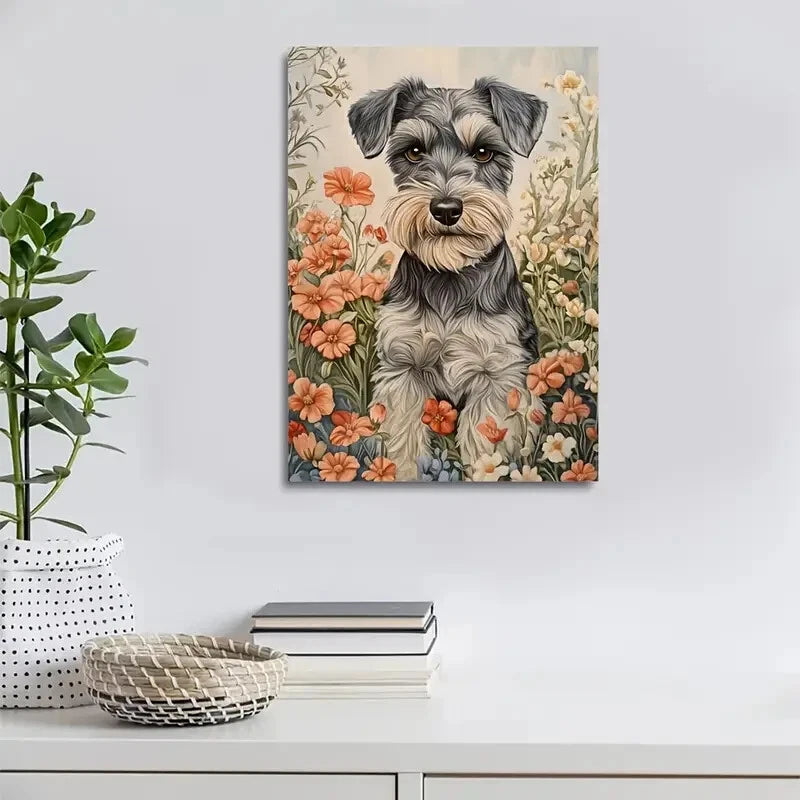 Beautiful Cute Schnauzer Dog with Flowers & Plants  40x60cm Metal Print Ready to Hang - Bella Home Decor