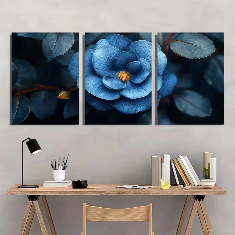 3pcs Elegant Blue Roses and Leaves on Dark  Wall Art Set Canvas Framed 60x90cm - High Quality Print 100% Australian Made Wall Canvas Ready to Hang - Bella Home Decor