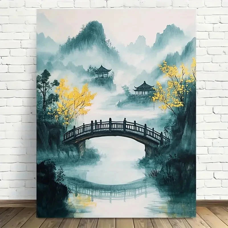 Beautiful Serene Asian Landscape with Bridge and Mount 40x60cm Metal Print Ready to Hang - Bella Home Decor