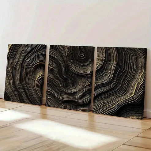 3pcs Black and Golden Abstract Wave Pattern Art Set Canvas Unframed - High Quality Print 100% Australian Made Wall Canvas - Bella Home Decor