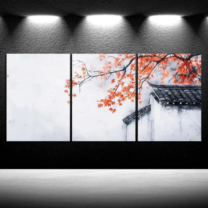 3pcs Japanese Style Red Maple Leaves & Traditional Metal Print Ready to Hang Art