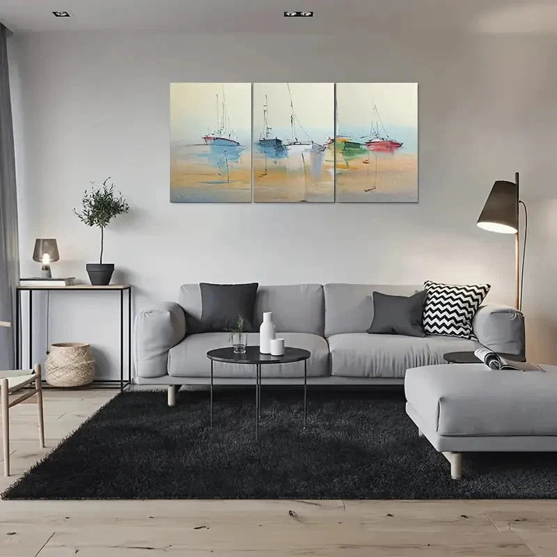 3pcs Abstract Watercolor Boats Triptych Metal Print Ready to Hang Art - Bella Home Decor
