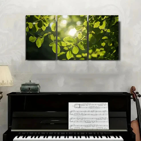 3pcs Vibrant Green Foliage with Golden Sunlight Wall Art Set Canvas Unframed - High Quality Print 100% Australian Made Wall Canvas