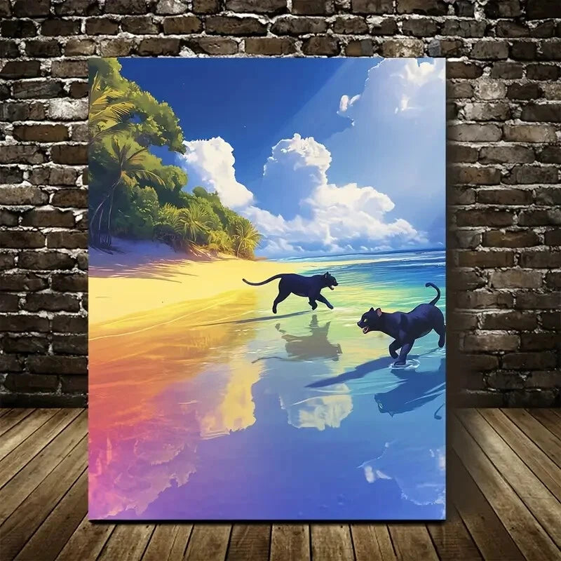 Vibrant Panther Beach Scene with Rainbow Painting 40x60cm Metal Print Ready to Hang - Bella Home Decor