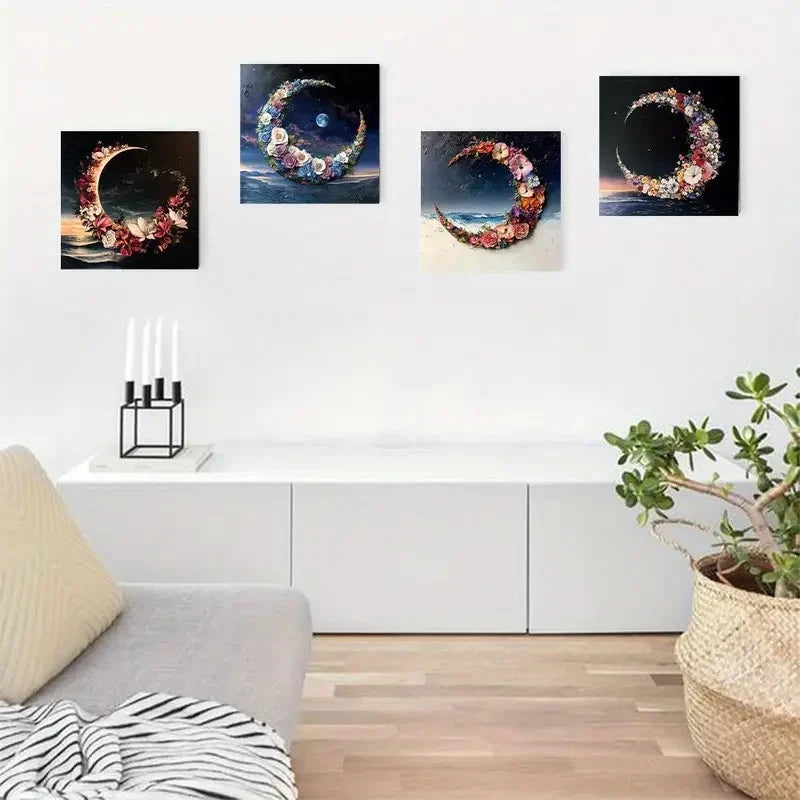 4pcs Beach Moon Flowers Modern Elegant Wall Art Canvas Framed