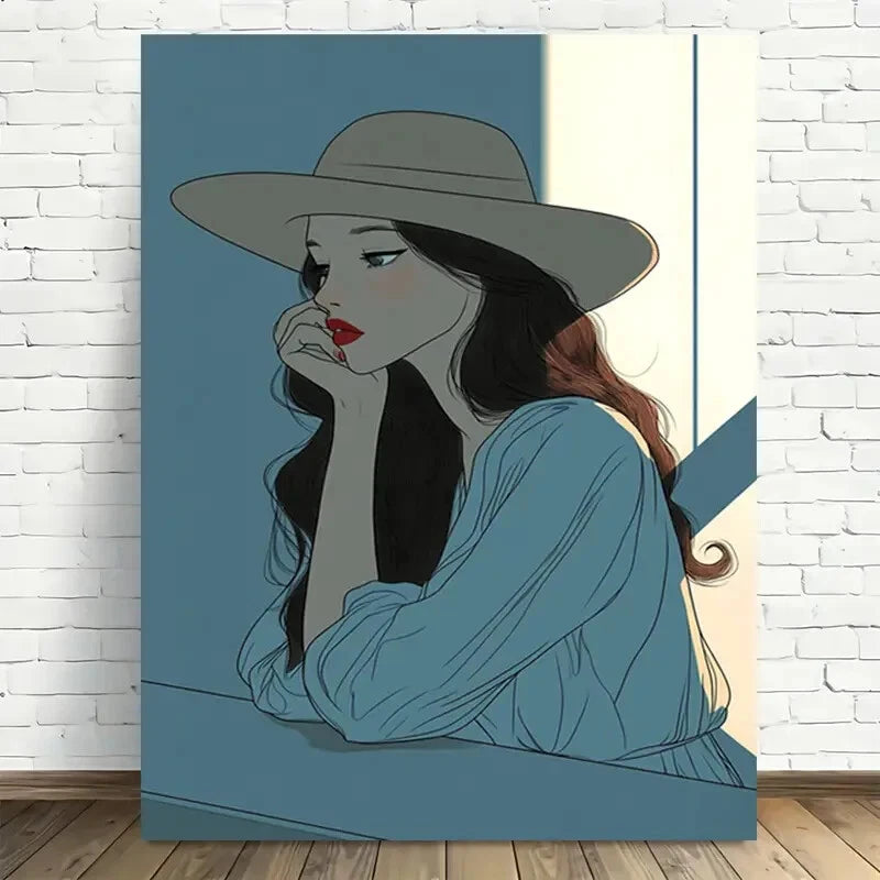 Beautiful Elegant Woman in Hat Design Painting 40x60cm Metal Print Ready to Hang - Bella Home Decor
