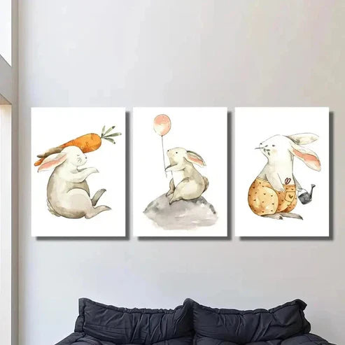 3pcs Rabbits with Carrot & Balloon Wall Art Canvas Unframed – High Quality Print 100% Australian Made Wall Canvas