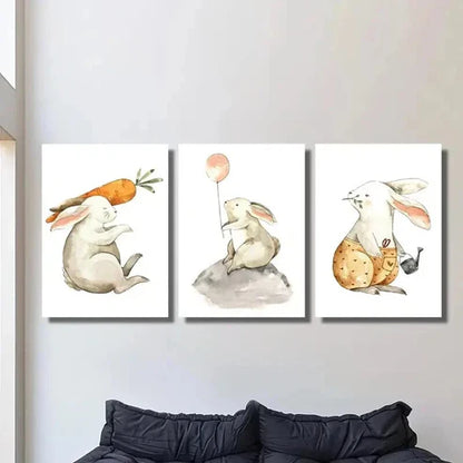 3pcs Rabbits with Carrot & Balloon Wall Art Canvas Unframed – High Quality Print 100% Australian Made Wall Canvas
