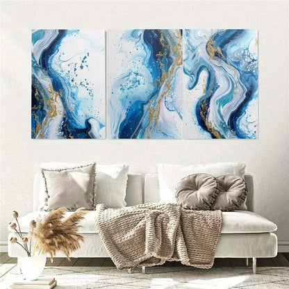 3pcs Luxury Abstract Golden Blue Painting Wall Art Set Canvas Framed 50x70cm - High Quality Print 100% Australian Made Wall Canvas Ready to Hang