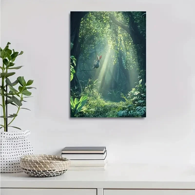 Surreal Jungle Scene with Rabbit Swinging Painting 40x60cm Metal Print Ready to Hang - Bella Home Decor