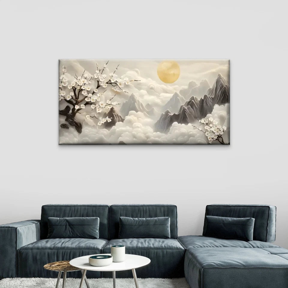 Moon & Cherry Blossom Mountain Wall Art Canvas Office Home Room Framed 120x60cm