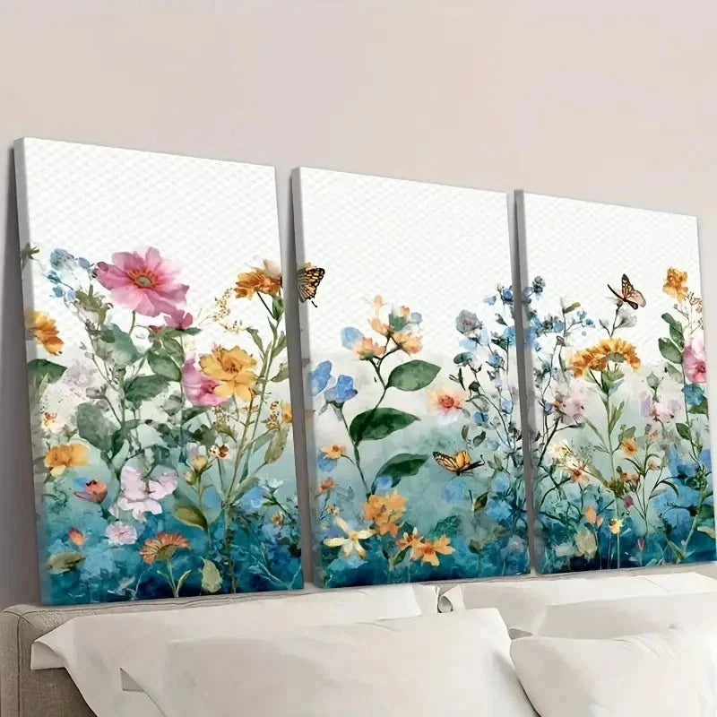 3pcs Watercolor Border with Butterflies Wall Art Set Canvas Framed 40x60cm - High Quality Print 100% Australian Made Wall Canvas Ready to Hang