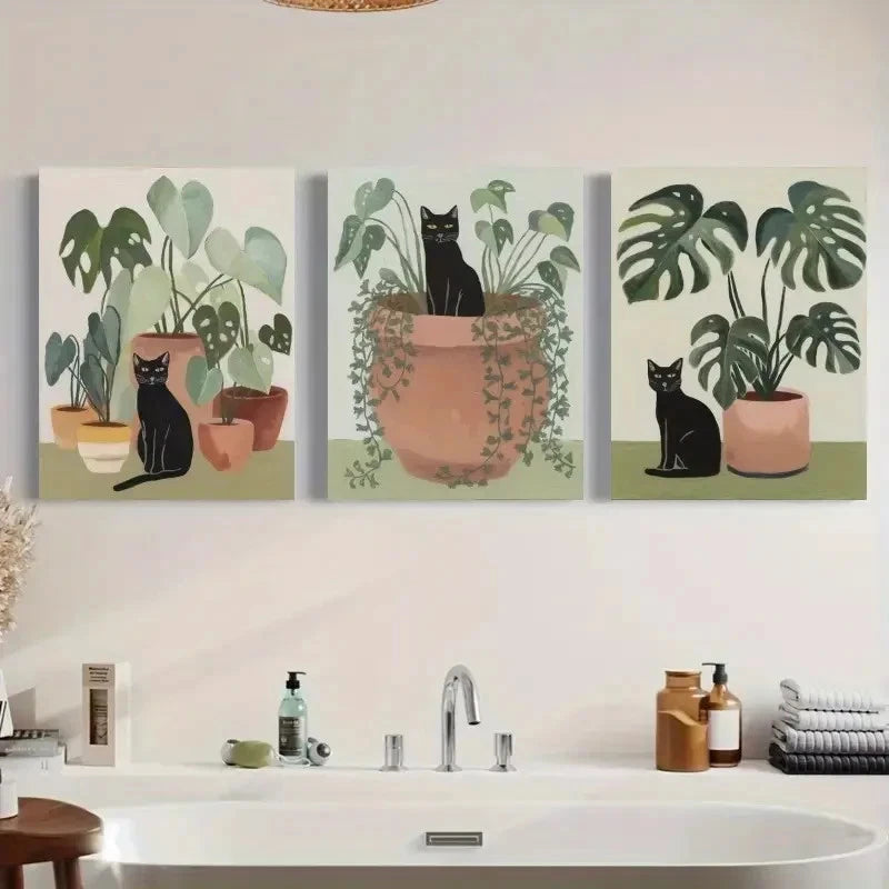 3pcs Black Cat Nordic Style, Popular Wall Art Set Canvas Framed 50x70cm - High Quality Print 100% Australian Made Wall Canvas Ready to Hang - Bella Home Decor