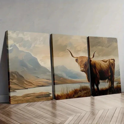 3pcs Scenic Landscape with Highland Cow Wall Art Set Canvas Unframed - High Quality Print 100% Australian Made Wall Canvas