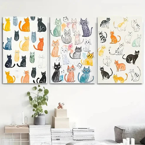 3pcs Cat Cartoon Colorful Cat Illustrations Wall Art Set Canvas Unframed - High Quality Print 100% Australian Made Wall Canvas