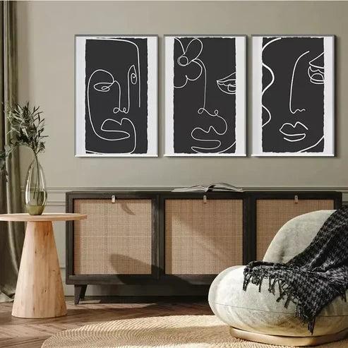 3 PCS Minimalist Line Art Face Triptych Wall Art Set Canvas Unframed - High Quality Print 100% Australian Made Wall Canvas - Bella Home Decor