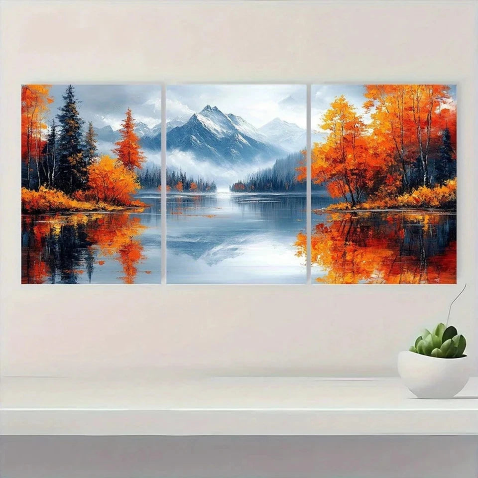 3pcs Autumn Lake Vibrant Fall Foliage & Mountain Wall Art Set Canvas Framed 60x90cm - High Quality Print 100% Australian Made Wall Canvas Ready to Hang - Bella Home Decor