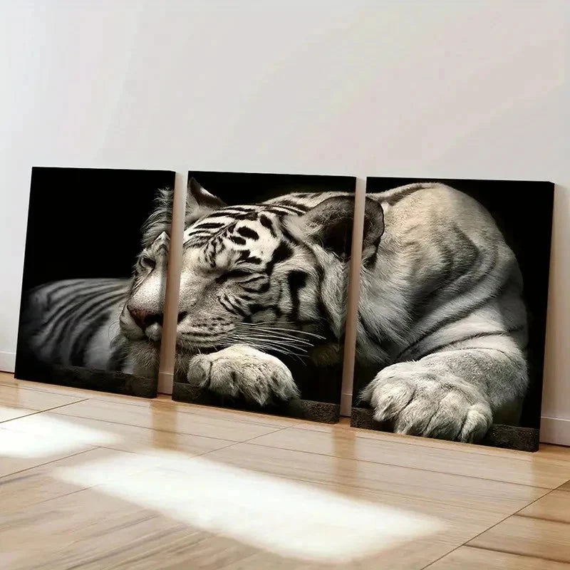 3pcs White Tiger Animal Prints Decor Wall Art Set Canvas Framed 50x70cm - High Quality Print 100% Australian Made Wall Canvas Ready to Hang