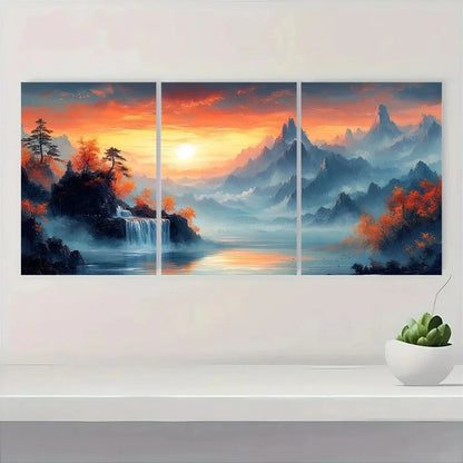 3pcs Golden Foil Chinese Mountain Scenery Wall Art Set Canvas Framed 60x90cm - High Quality Print 100% Australian Made Wall Canvas Ready to Hang - Bella Home Decor