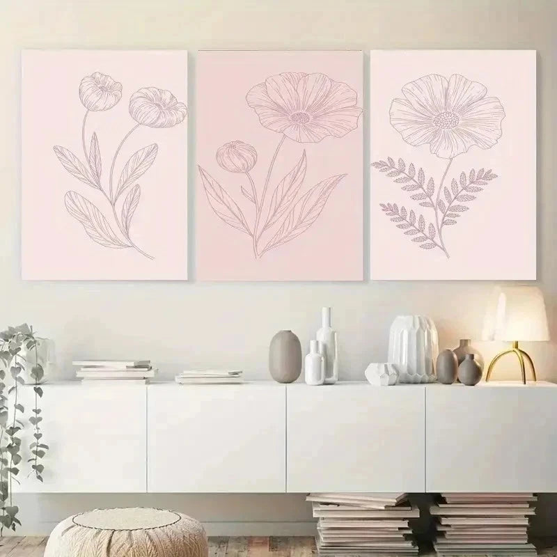 3pcs Line Flower  Botanical Art Wall Art Set Canvas Framed 60x90cm - High Quality Print 100% Australian Made Wall Canvas Ready to Hang