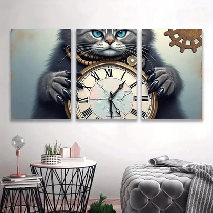 3pcs Grey Cat with Pocket Watch Spray Paint Art  Wall Art Set Canvas Framed 50x70cm - High Quality Print 100% Australian Made Wall Canvas Ready to Hang - Bella Home Decor