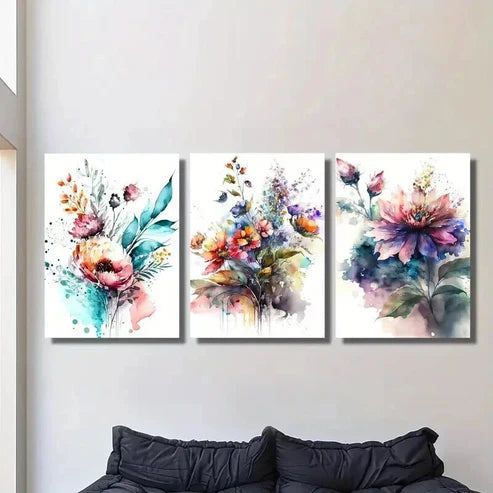 3pcs Bouquet of Watercolor Colorful Flowers Wall Art Canvas Unframed - High Quality Print 100% Australian Made Wall Canvas - Bella Home Decor