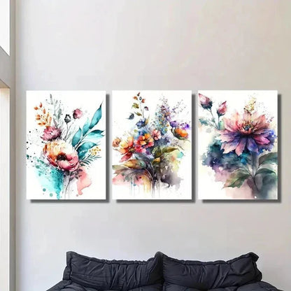 3pcs Bouquet of Watercolor Colorful Flowers Wall Art Canvas Unframed - High Quality Print 100% Australian Made Wall Canvas - Bella Home Decor