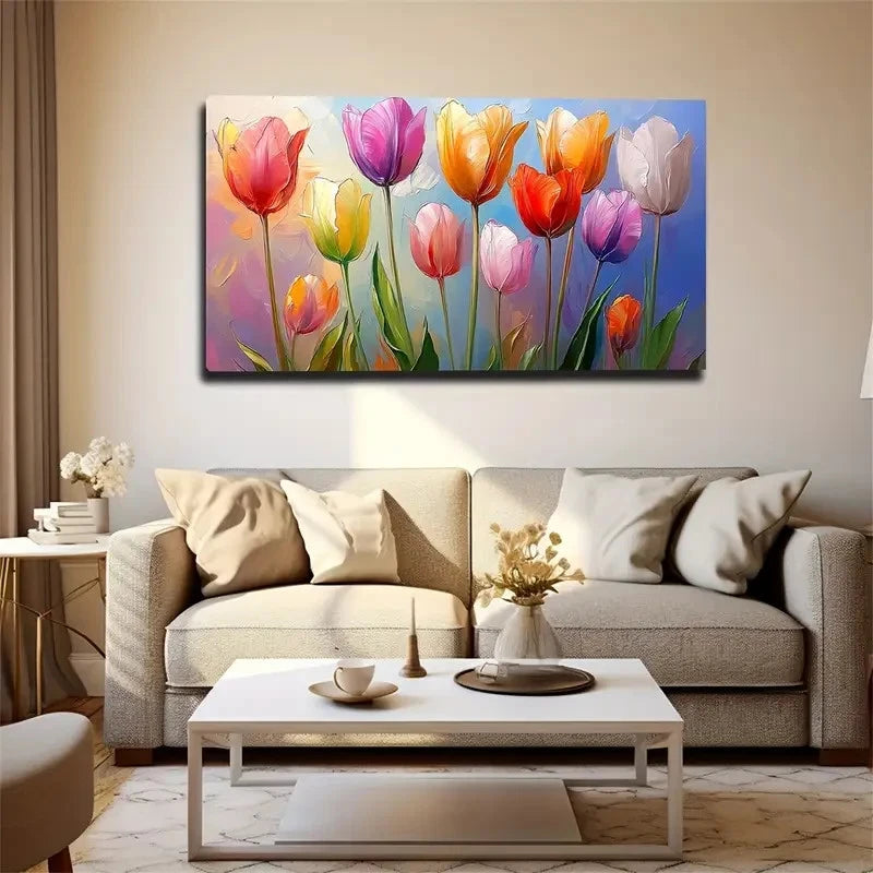 Multicoloured Tulips Underneath Wall Art Canvas Office Home Room Framed 120x60cm