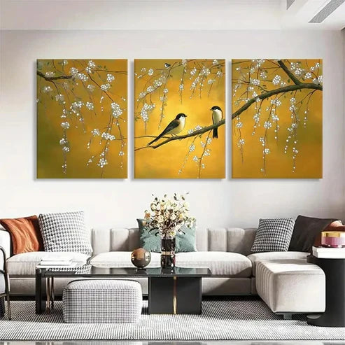 3pcs Birds & White Flowers on Yellow Perfect Wall Art Set Canvas Unframed - High Quality Print 100% Australian Made Wall Canvas - Bella Home Decor