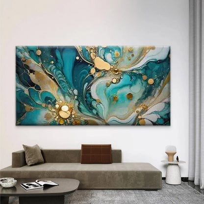 Abstract Teal and Golden Wall Art Canvas Office Home Room Framed 120x60cm